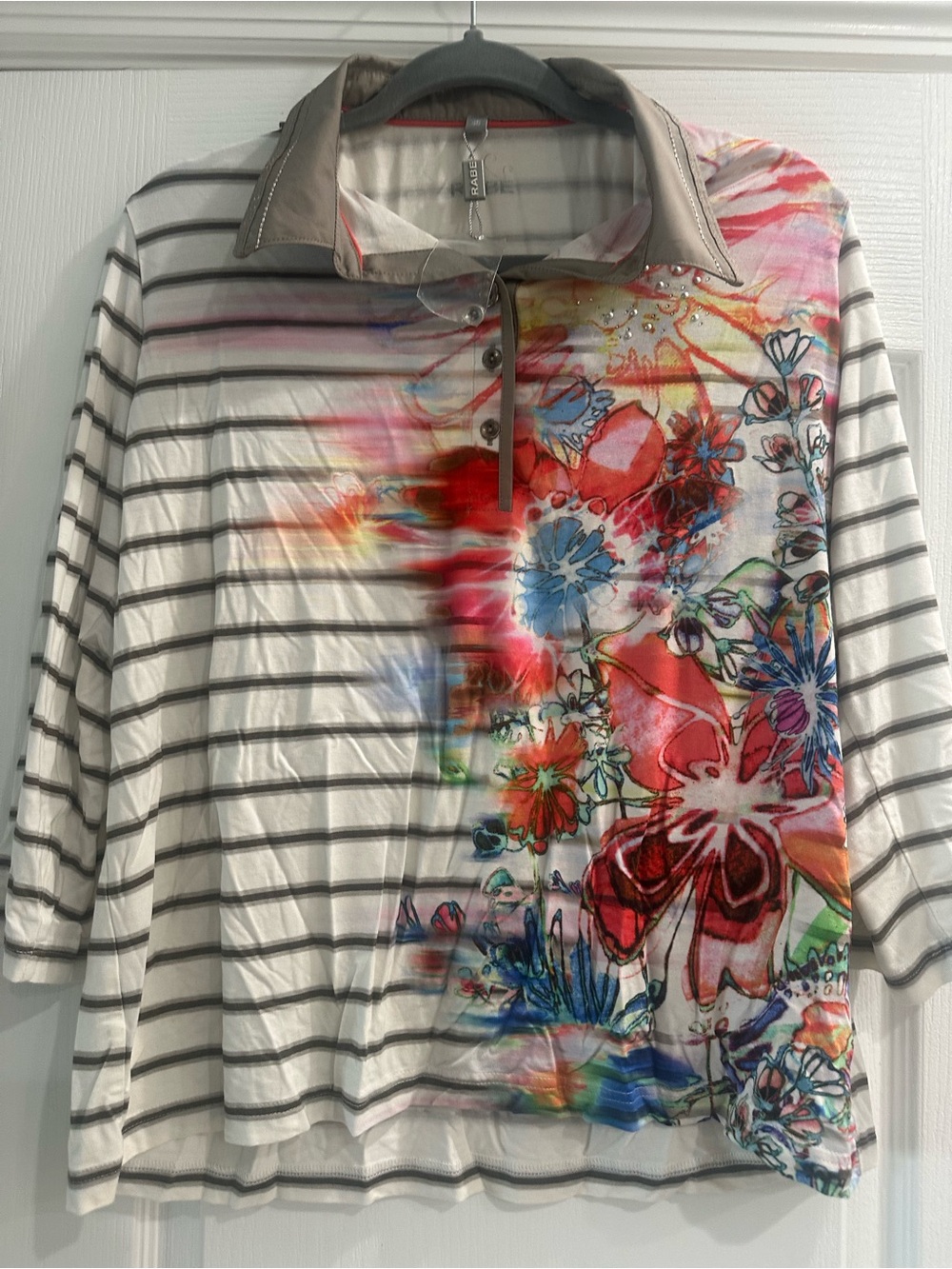 White Striped Long-Sleeve Polo with Multicolor Floral Panel